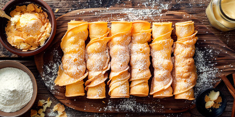 Freshly prepared crepes dusted with powdered sugar on wooden board surrounded by ingredients like flour, eggs, and jar of honey. Rustic setting suggest cozy homemade breakfast or dessert - obrazy, fototapety, plakaty
