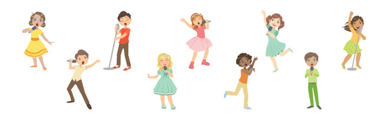 Little Children Singing with Microphone Performing on Stage Vector Set