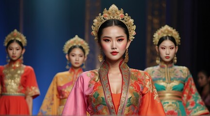 Fototapeta premium High fashion show with beautiful asian woman models in traditional casual colorful outfits