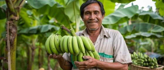 The man is holding green bananas at a banana farm.
