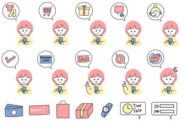 若い女性とネットショッピングの吹き出し&アイコンセット