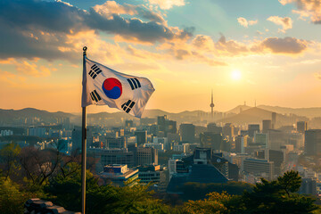 South Korea Flag Waving. Seoul Skyline in the Background. Modern city architecture. Country flag concept. Beautiful landscape view.