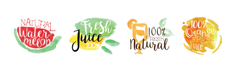 Juice and Fresh Watercolor Hand Drawn Label Vector Set