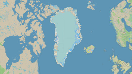 Greenland outlined. OSM Topographic German style map