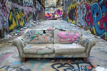 sofa with ripped cushions in a graffiticovered alley