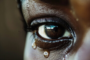 a black woman's eye shedding tears, sadness and conveying concepts related to mental health and being a victim of gender violence.