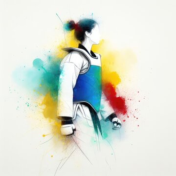 Taekwondo in watercolor splash paint illustration with Generative AI.