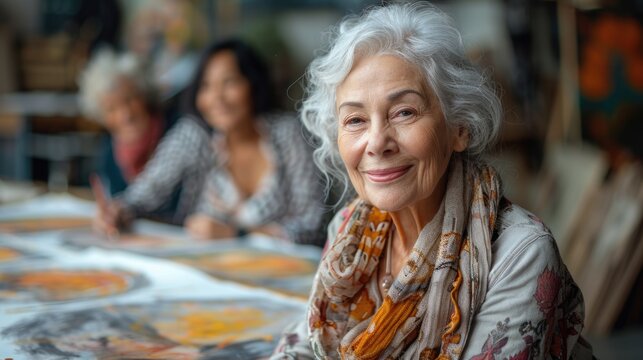 Smiling elderly woman in art class. Senior leisure and creative activity concept.