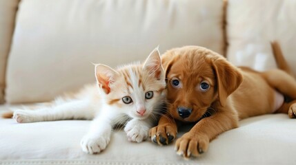 Fototapeta na wymiar Cute little kitten and puppy on sofa at home, closeup.