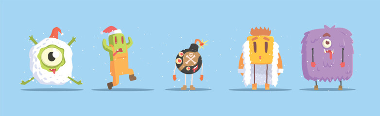 Winter Dressed Monsters in Funny Situation Vector Set