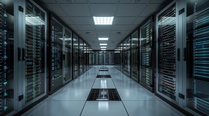 Obraz premium Data center server room with server racks in a corridor formation.