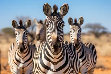 Fotobehang Zebras showcasing their distinctive striped patterns in the expansive african wilderness © Aliaksandra