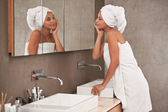 Bathroom, Shower And Woman In Mirror For Skincare, Beauty And Wellness In Morning Routine. Health, Dermatology And Person In Reflection For Facial Treatment Or Cleaning, Hygiene And Grooming At Home