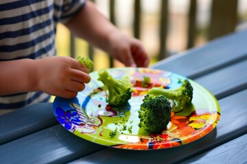 kid leaving behind uneaten broccoli on a colorful dinner plate