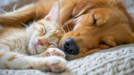 Cute Golden Retriever puppy sleeping with tabby cat. A common pet that is often seen.