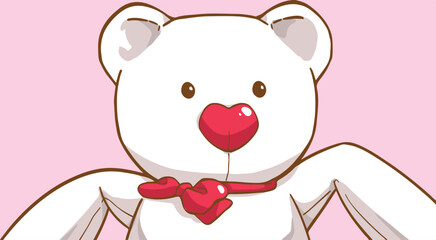 A big white cute teddy bear with a red heart nose and red bow ribbon. Pastel color, Happy Valentine's Day, Lover sharing their happy moment. Cartoon character vector Illustration. Freehand drawing