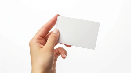 On a white background, the hand of a woman holds a virtual business card, credit card, or blank piece of paper