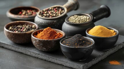 Assorted spices in black bowls on dark stone. Cooking and culinary concept.
