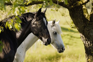two horses, one black and one white, side by side under a tree