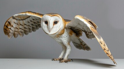 Beautiful Barn Owl spread his wings on grey background. Studio shot with soft light.