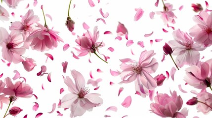 Flying petals and buds of pink blossoms, in depth of field, isolated against white background