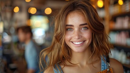 Young smiling woman with green eyes and freckles in a coffee shop. - obrazy, fototapety, plakaty