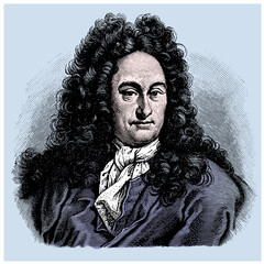 vector colored old engraving of famous german mathematician, philosopher, scientist and diplomat Gottfried Wilhelm Leibniz, engraving is from Meyers Lexicon published 1914 - Leipzig, Deutschland - 768575087