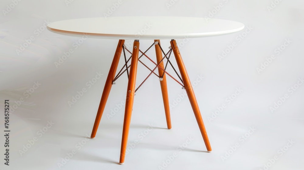 Poster objects from the mid-to-late 20th century. white rounded table with wooden legs on white background