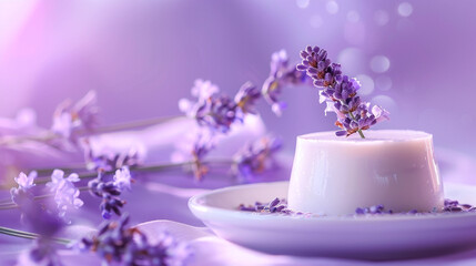 Aromatic Lavender-infused Panna Cotta with a Lavender Sprig on a Lavender Purple Background.