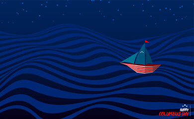 HAPPY COLUMBUS DAY Greeting card. Background open space blue waves and USA flags symbolic color. Vector image. Suitable to place on content with that theme.