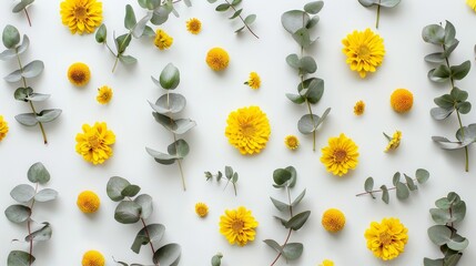 Flowers composition. Yellow flowers with eucalyptus leaves on white background. Flat lay, top view. - obrazy, fototapety, plakaty