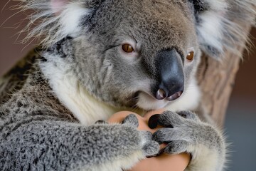 Naklejka premium closeup of koalas paws clasping a small heartshaped pillow