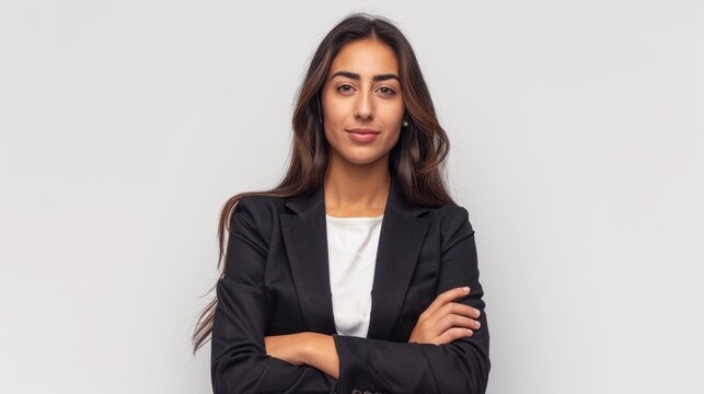 In a black and white photograph of a business arab woman, she is crossed-armed with determination and feels confident against a white background.