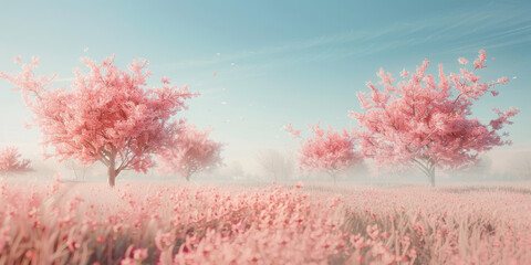 A serene, dreamlike landscape featuring ethereal pink trees blooming in a softly misted field under a clear sky