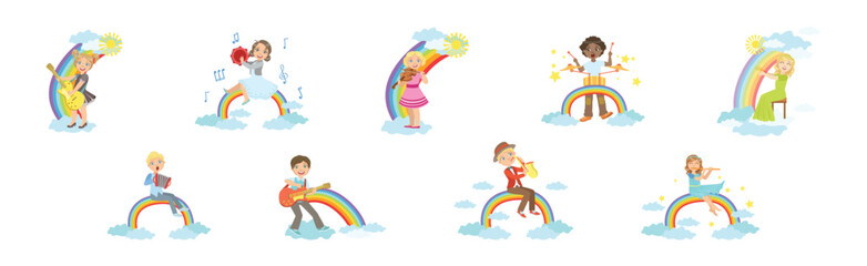 Kid Playing Musical Instrument on Rainbow Vector Set