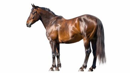 An 8-year-old mixed breed Spanish and Arabian horse standing against a white background.