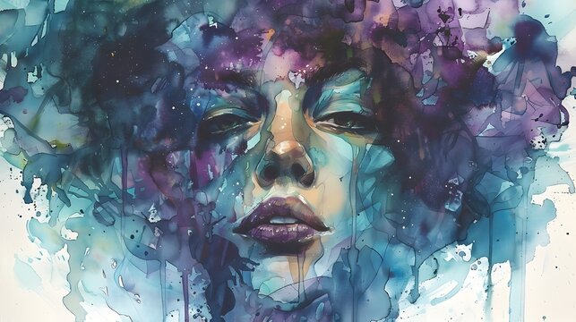 Captivating Ethereal Dreamscape - Contemplative Female Visage in Fluid Watercolor Tones