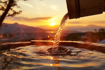 person pouring hot water from wooden bucket in onsen during sunset