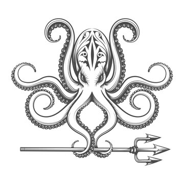 Octopus Holds Trident in Tentacles Engraving Illustration