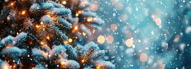 Pine tree christmas decoration bokeh light line snow