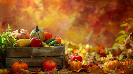 Bountiful Harvest of Autumn Vegetables in a Wooden Crate on a Warm Sienna Background. - Powered by Adobe