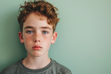 Portrait of a redhead boy with freckles on his face - obrazy, fototapety, plakaty