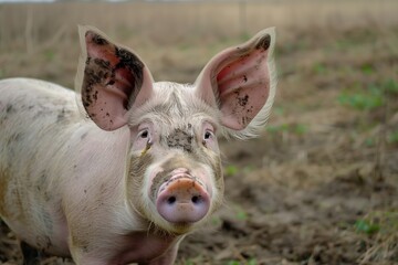 pig with mudcaked ears in open field - obrazy, fototapety, plakaty