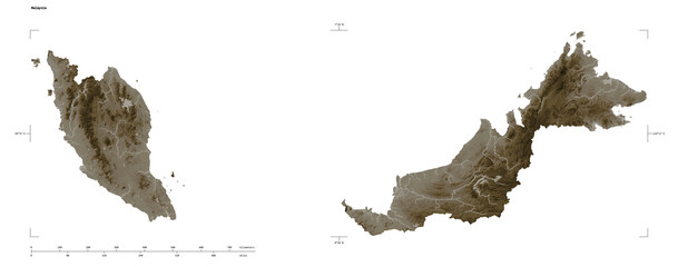 Malaysia shape isolated on white. Sepia elevation map