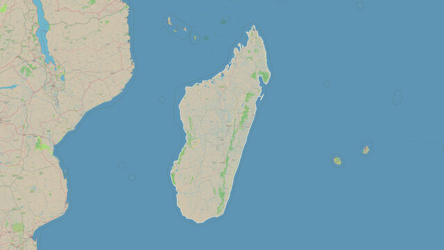 Madagascar outlined. OSM Topographic German style map