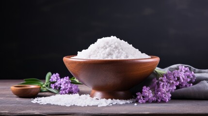 Fototapeta na wymiar Lavender bath salt in wooden bowl on concrete backdrop, with space for text, spa concept