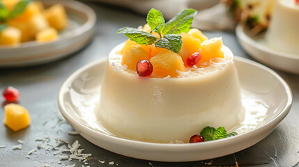 Creamy Coconut Panna Cotta with Pineapple Compote on a Sandy Beige Background.