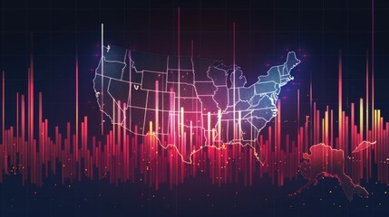Digital illustration of USA map with stock market graph overlay
