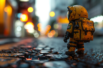 Naklejka premium Closeup of a Lego figure on the street at night. Studio shot.