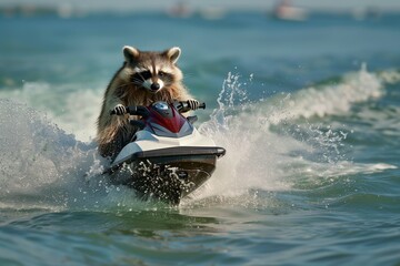 raccoon on jet ski, splashing through ocean water - obrazy, fototapety, plakaty